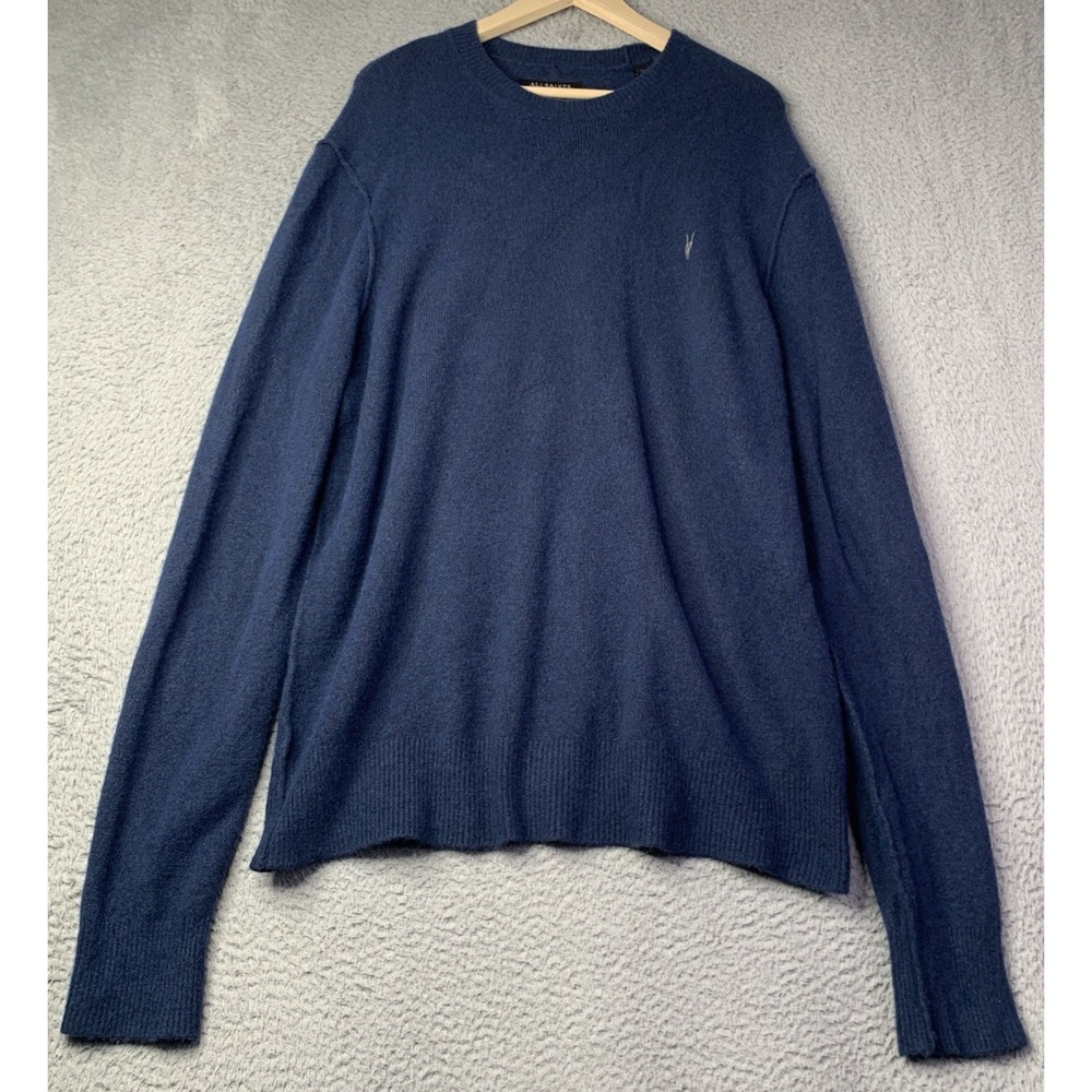 ALLSAINTS Sweater Mens XLarge Wool Blend Blue Logo Statten Crew ALLSAINTS